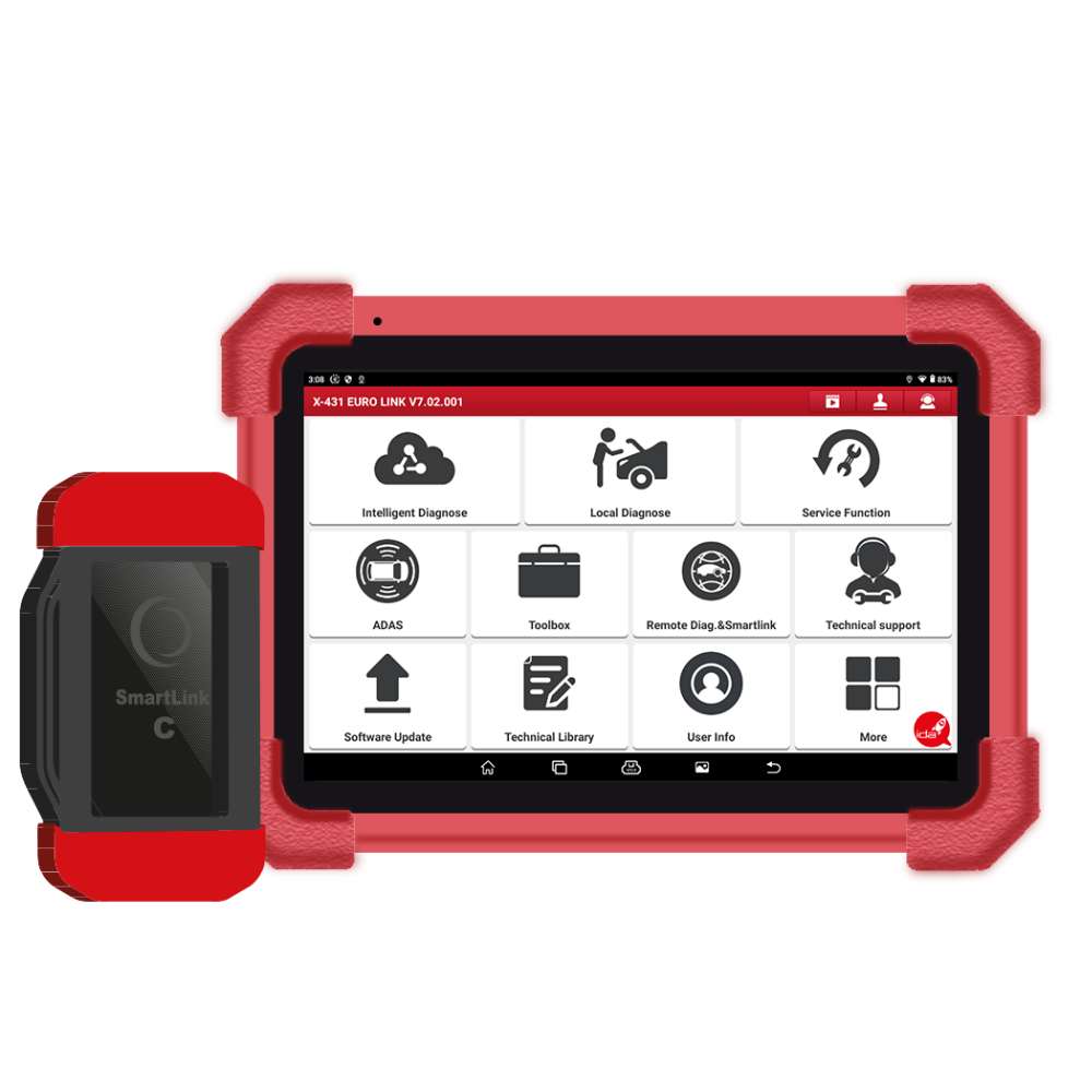 Vue d'avant d'outil de diagnostic launch Maroc le X-431 EURO PRO 5 LINK avec son connecteur SMARTLINK pour voitures légers coloris rouge et noir, fond blanc